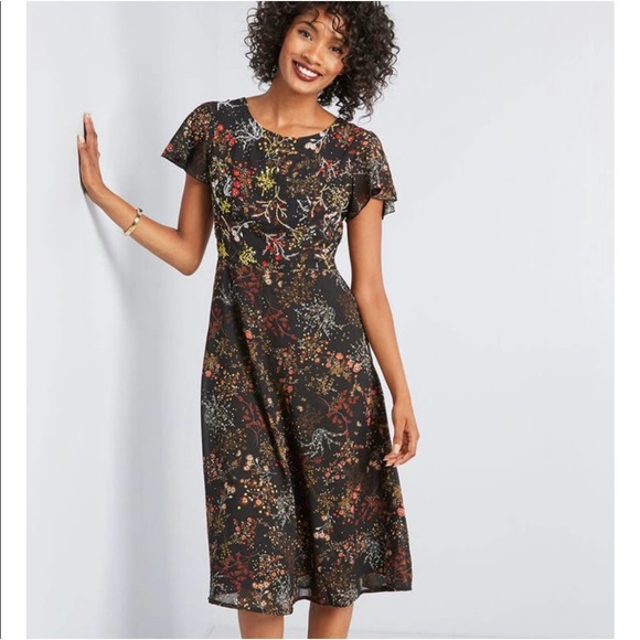 Modcloth Beaded Embellished Sequin Black Floral Midi Dress Size Medium A Line - Picture 1 of 10